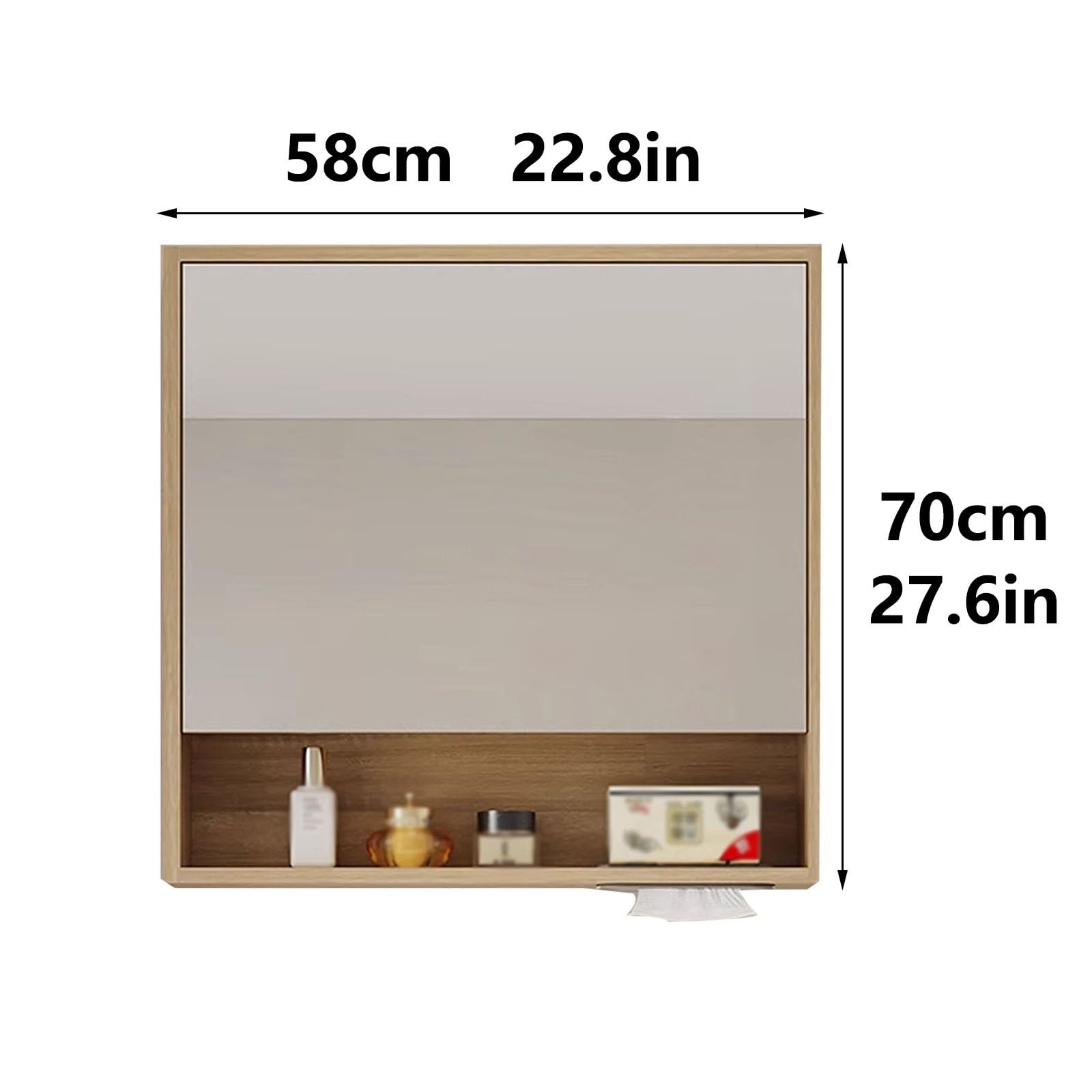 Pensile Bagno con Specchio Contenitore Materiale in Legno Massello Multistrato Mobile Pensile Bagno Salvaspazio Accessori in Metallo Adatto per Sopra Il WC(D,58 * 70cm)