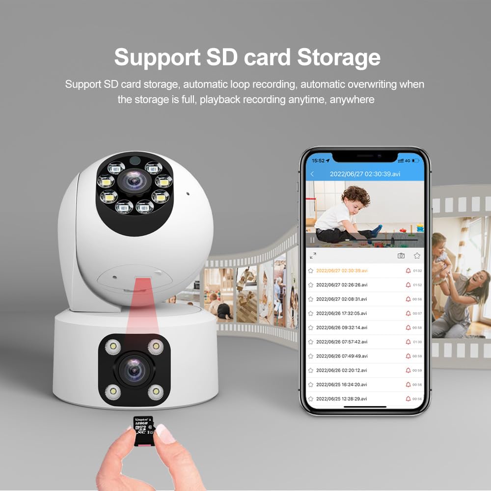 OBA SriHome Telecamera di Sicurezza PTZ Doppio Obiettivo, Visione Notturna, Audio Full HD, Memoria SD, IP66 Impermeabile, per Casa/Ufficio