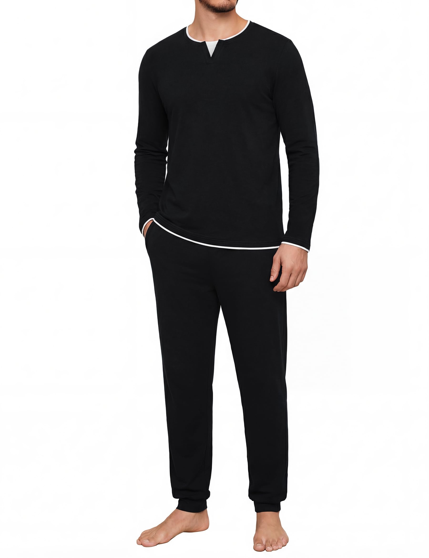 Heren Pyjama Set Lange Mouwen Puur Katoen Effen Kleur Top Plaid Broek Casual Ronde Hals Herfst En Winter 2PC Home Service Set Warm En Comfortabele Pyjama Party Vakantie Set, Navy-f, XXL