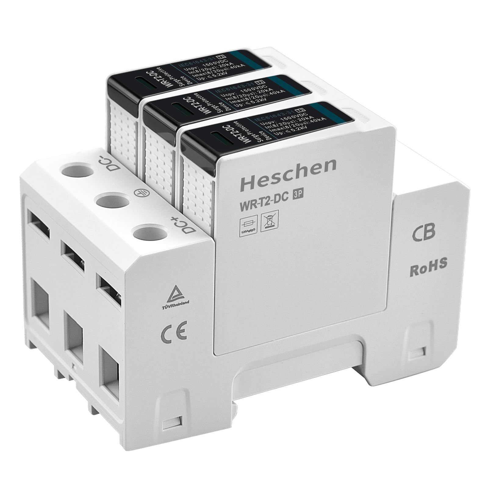 Heschen WR-T2-DC 3P 1500V DC 20KA Type T2 Fire Retardant DC Surge Protector 35mm DIN Rail Mounted TUV CB Certified