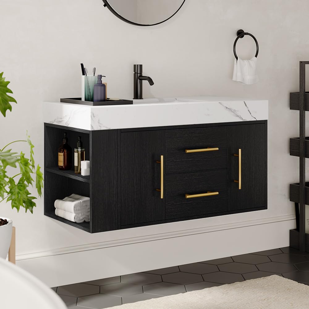 DWVO 40 Inch Black Floating Bathroom Vanity, Wall Mounted Bathroom Cabinet with White Sintered Stone Countertop with 2 Drawers, 2 Doors and Left and Right Side-Movable Shelf