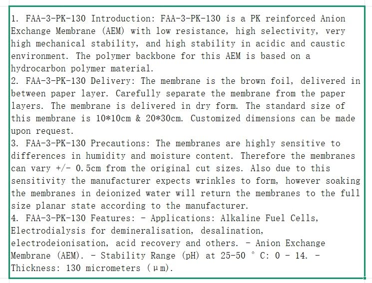 Membrana a scambio anionico ad alte prestazioni FAA-3-PK-75 e FAA-3-PK-130 for elettrolisi alcalina ed elettrodialisi - Opzioni di spessore e dimensioni ottimali(FAA-3-PK-130-10CMx10CM)