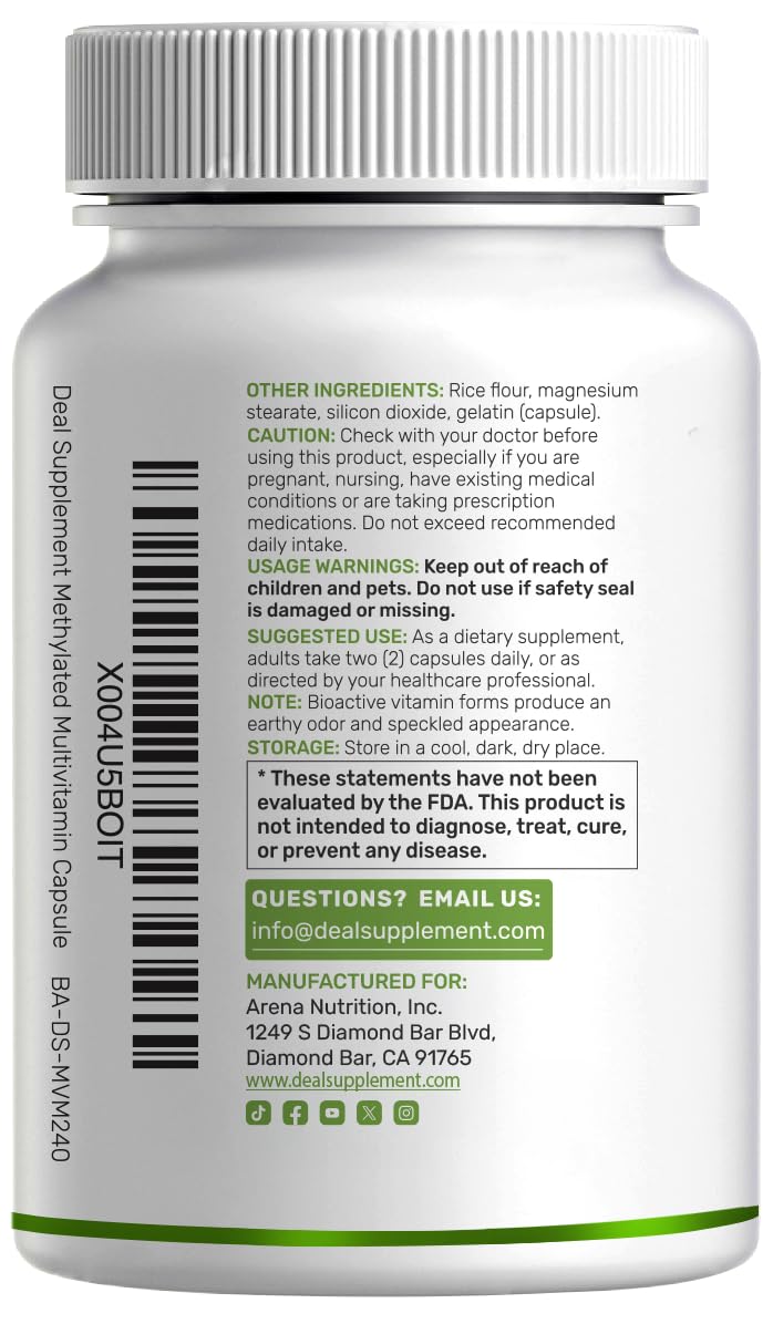 DEAL SUPPLEMENT Methylated Multivitamin for Men & Women, 240 Capsules | 100% DV Vitamins & Minerals | Activated B-Complex & Chelated Minerals, with CoQ10, TMG & ALA | Non-GMO, cGMP Manufactured — Amazon image 7
