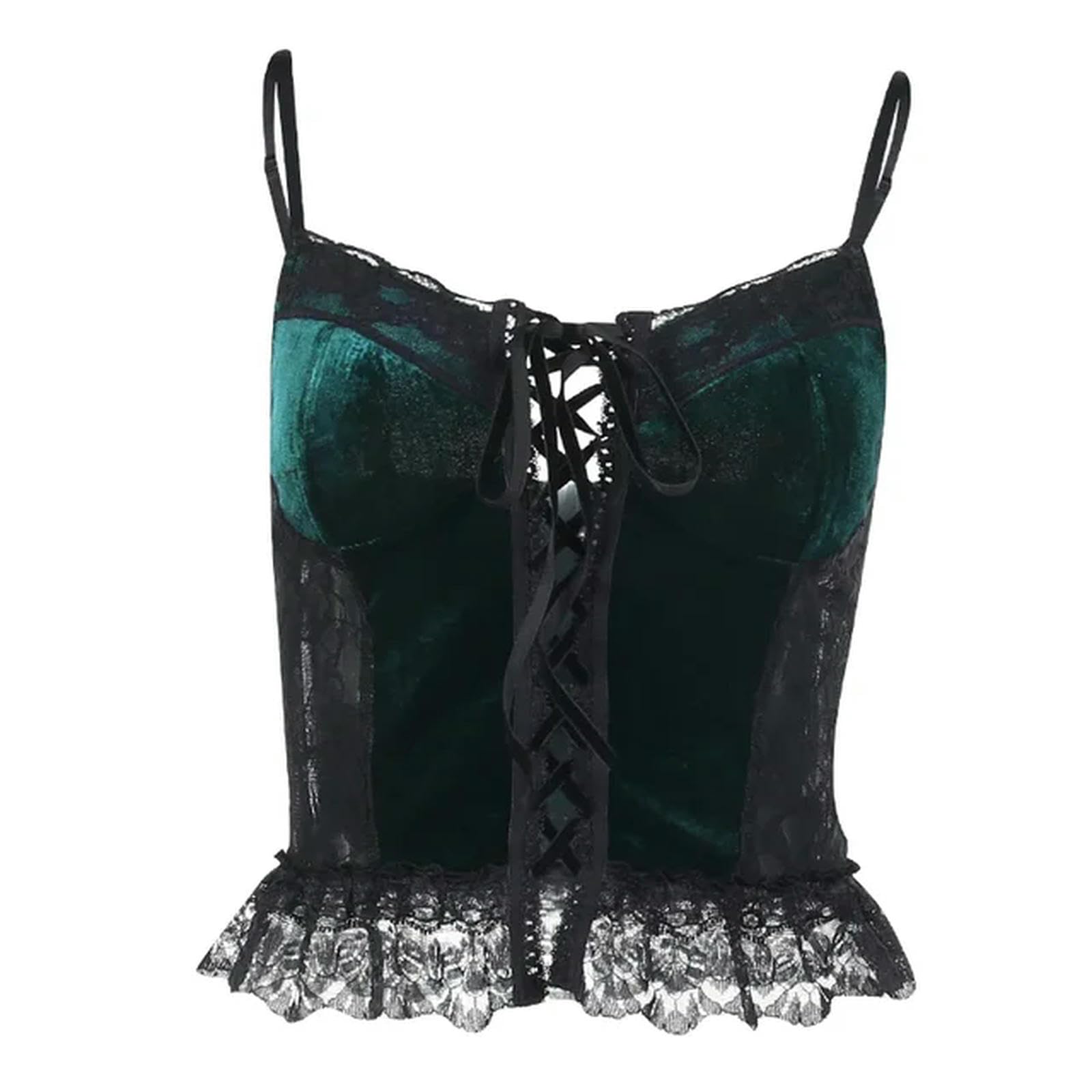 Corset Camis Goth Vert avec Dentelle et Bandage pour Look Grunge Débardeur Été Évider