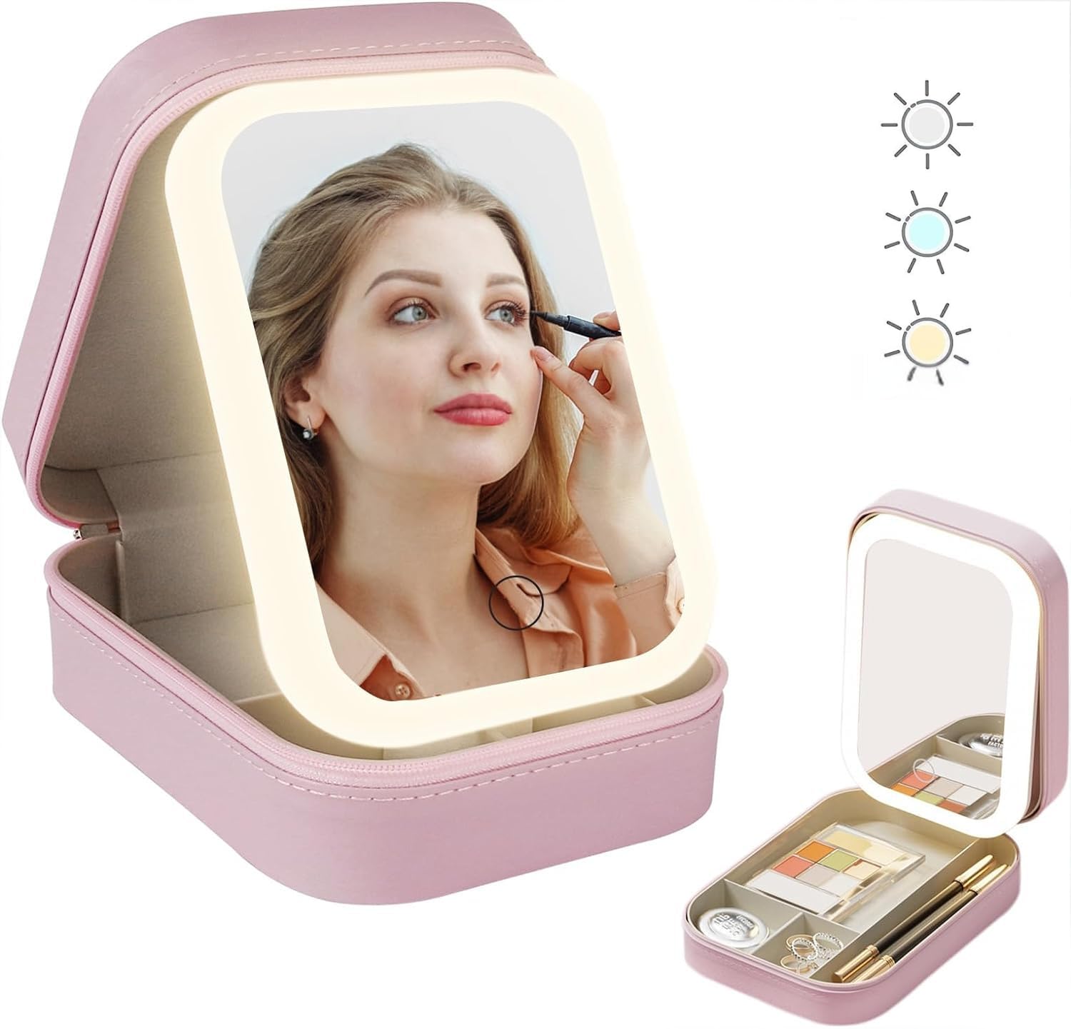 conthdots Travel Makeup Case with Lighted Mirror, Partitionable Cosmetic Bag, Professional Cosmetic Artist Organizer, Waterproof Portable, Travel