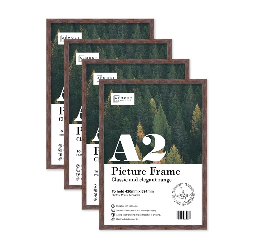 Almost Frameless Walnut A2 Picture Frame Set Of 4, Display A2 Picture Gallery Wall, Poster, Photo, Artwork, Or Print,