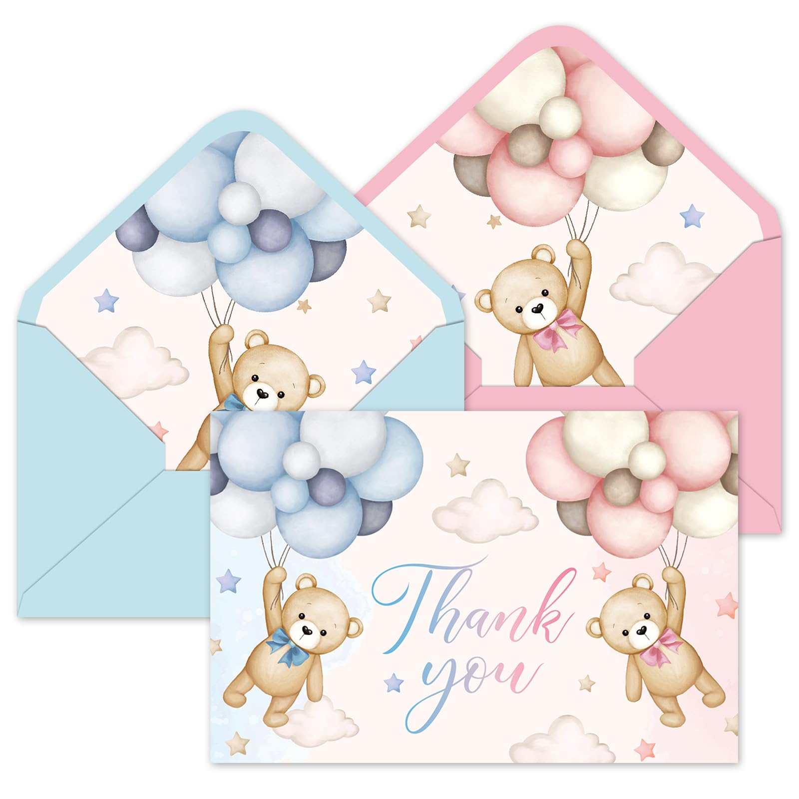 Whaline 24 Pack Balloon Bear Thank You Cards Pink Blue Bear Blank Note Cards with Envelopes Stickers Cute Greeting Cards for Gender Reveal Baby Shower