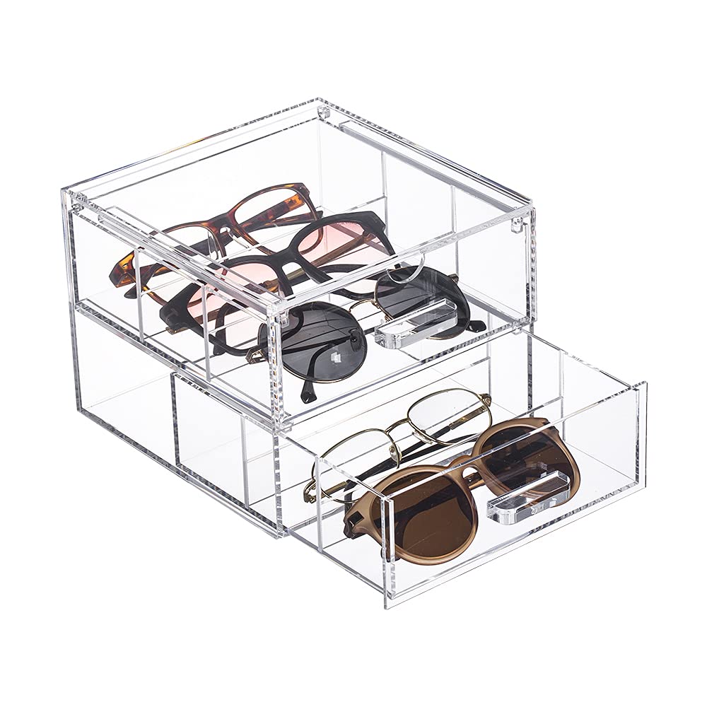 Clear Acrylic 2-Drawer Storage Glasses Organization Drawers Makeup Organizer Box Holder for Sunglasses, Small Items, Makeup Brush Sets, Jewelry Trays