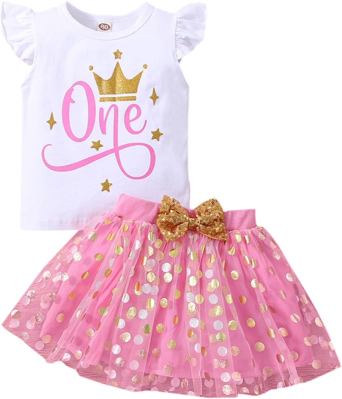 Baby Girl 1st/2 Birthday Outfits with Sequins Bowknot Headband ONE Cotton Romper TuTu Skirt Set