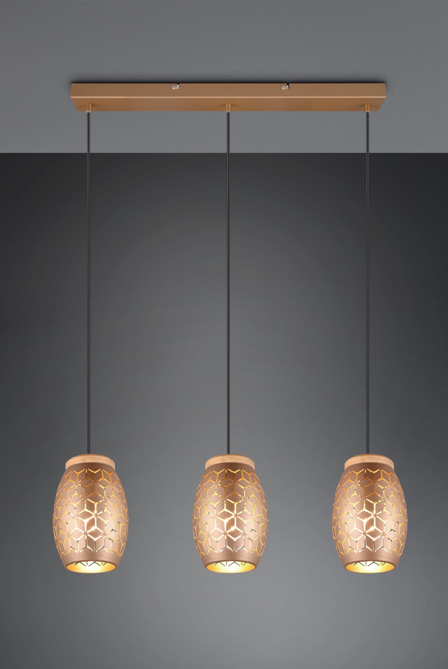 Reality Leuchten Pendelleuchte Bidar R31573065, Metall Coffee/Goldfarbig, Holz naturbelassen, exkl. 3x E27