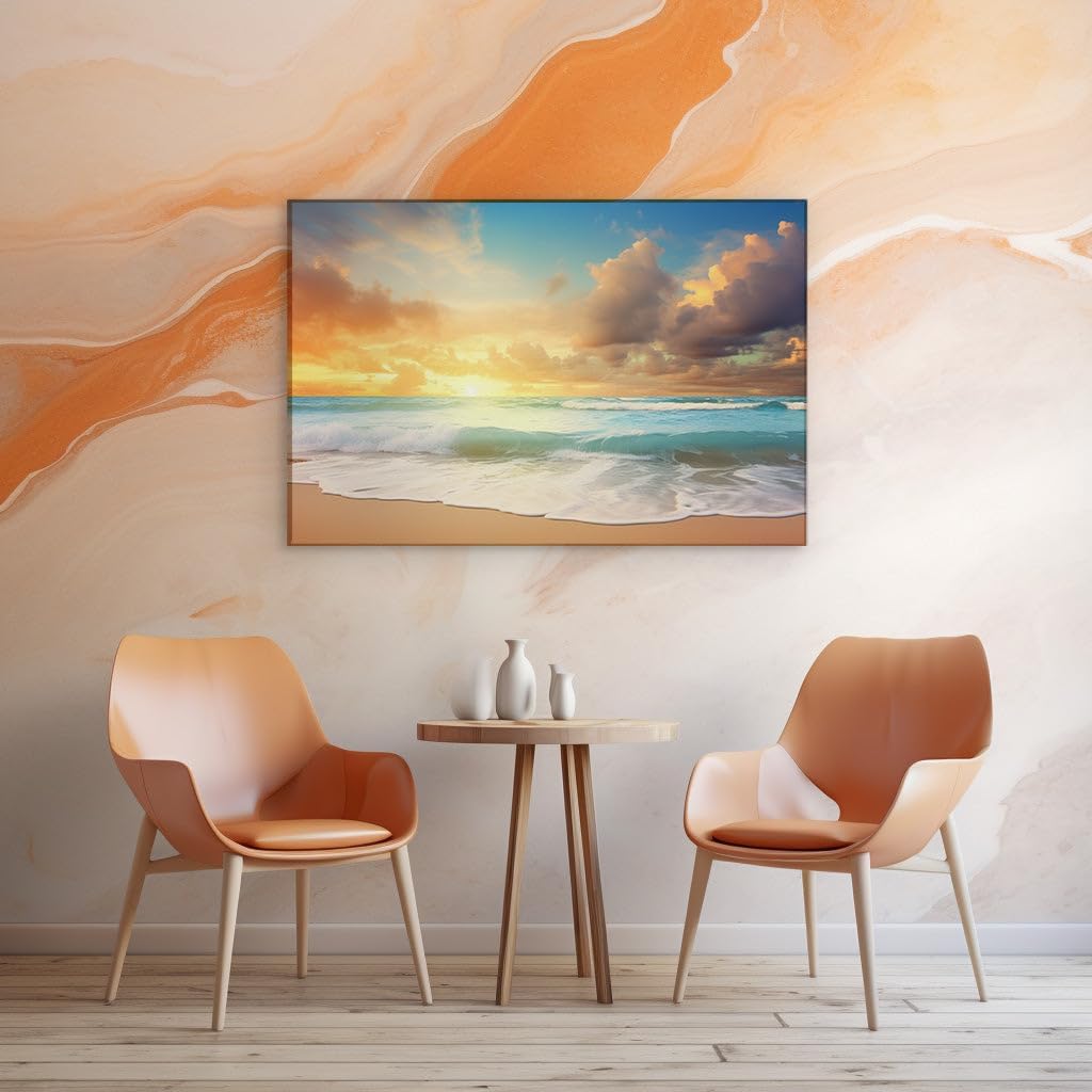 Canvas for Living room. Sunset Serenity: Discovering the Exquisite Tranquility of an Unpopulated Beach, 27 x 18 inch Canvas Wall Art - Ready to Hang