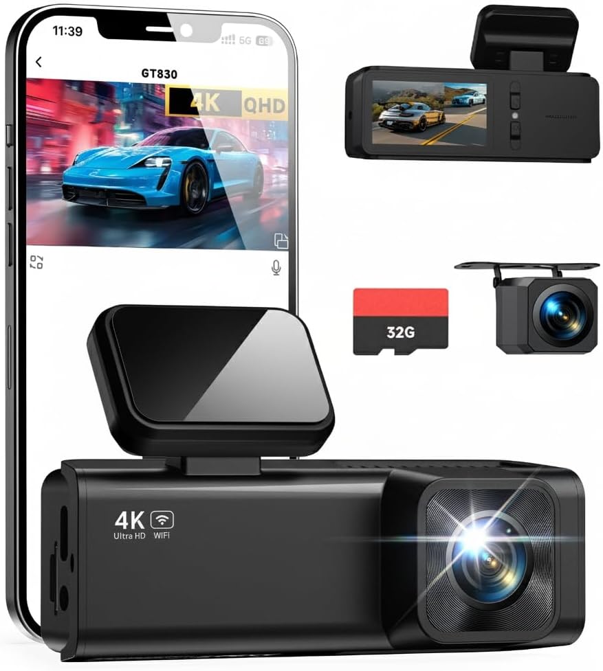 Dash Cam Front and Rear Camera, 4K+1080P Dual Channel Dashcam for Cars with Night Vision, G-Sensor, 24H Parking Mode, Loop Recording 32GB Card Included