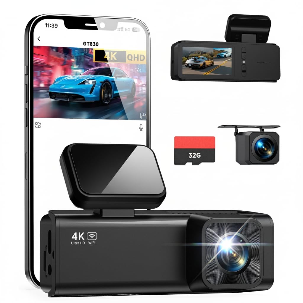 Dash Cam Front and Rear Camera, 4K+1080P Dual Channel Dashcam for Cars with Night Vision, G-Sensor, 24H Parking Mode, Loop Recording 32GB Card Included