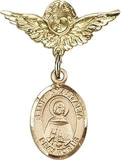 Gold Filled Baby Badge with St. Anastasia Charm and Angel w/Wings Badge Pin 1 X 3/4 inches
