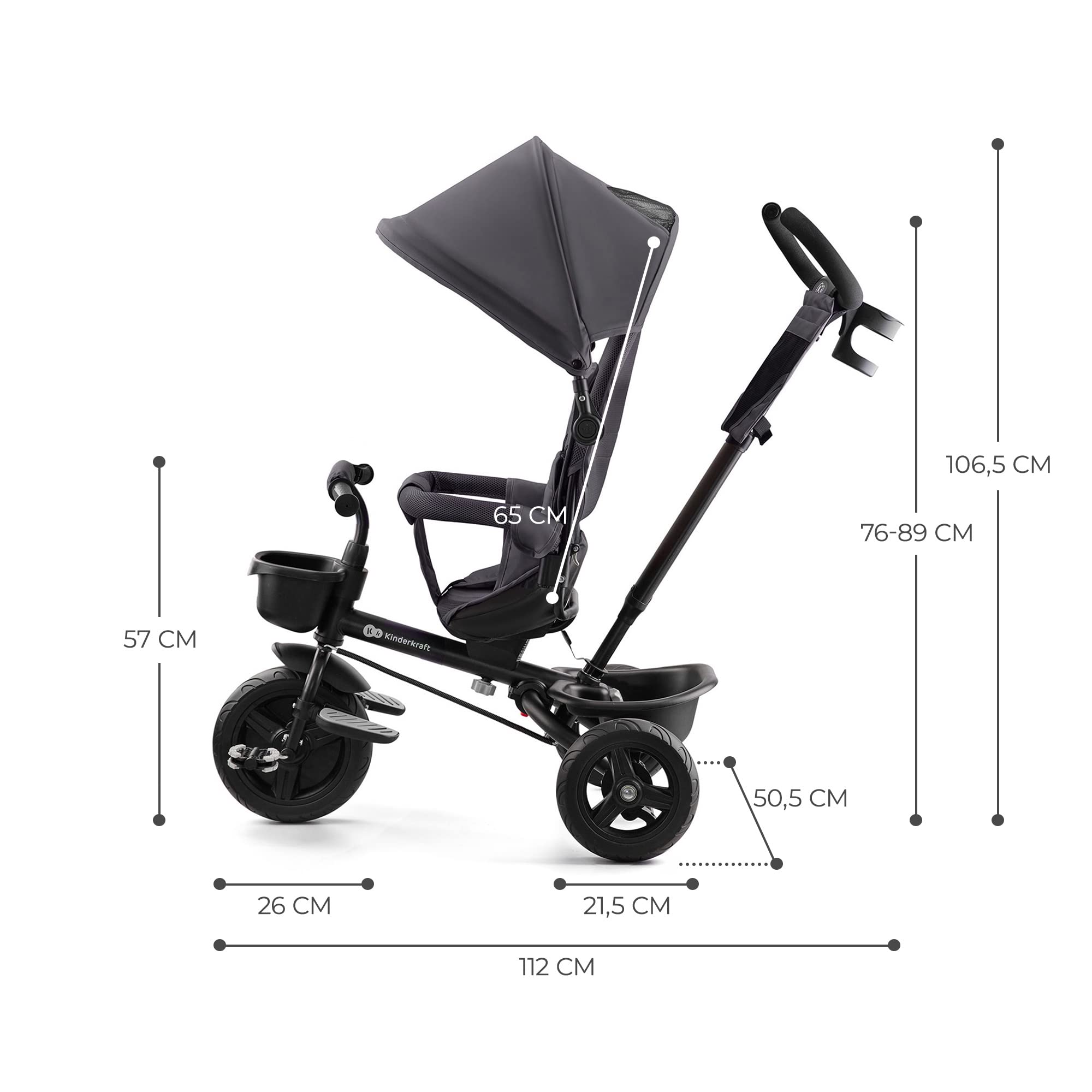 Kinderkraft AVEO Triciclo bambini dai 9 Mesi fino 25 kg, Passeggino con Maniglione del Genitore regolabile, Bici, Compatto pieghevole, Sedile girevole Fronte Mamma e Strada, Ruota libera, Grigio