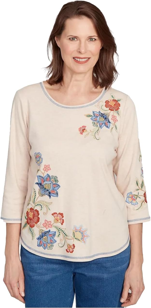 Alfred Dunner Women's Asymmetrical Floral Embroidered Top