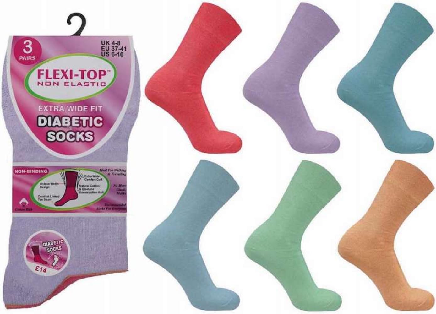 Onlybee Women's Multicolour 6 Pairs Of Non Binding Diabetic Soft Loose Top Pastel Socks