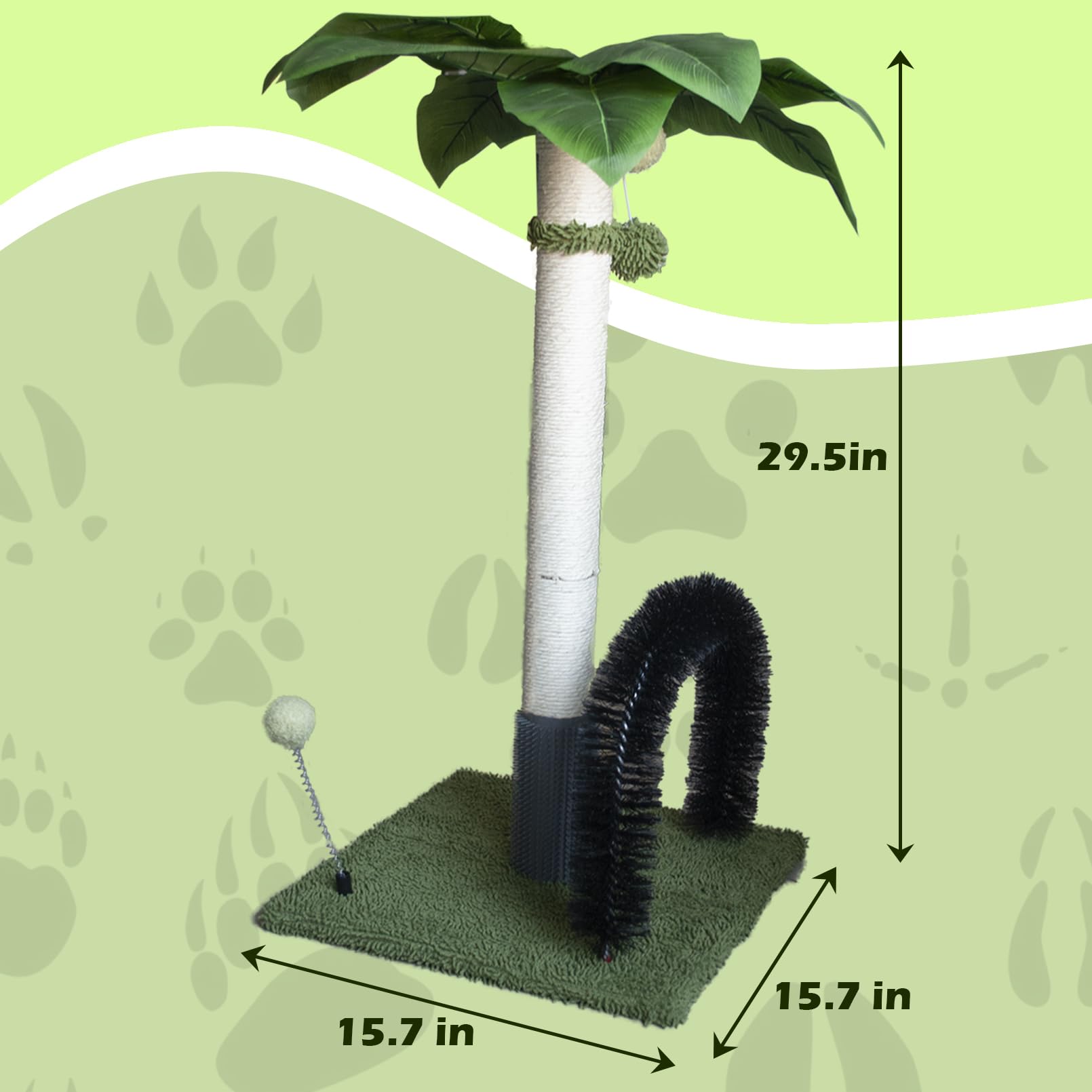 MUYG Scratching Post for Adults Cat,29.5 Inch Tall Palm Tree Cute Sisal Cat Scratching Post with Arch Self Groomer and Hanging Spring Balls(Green)