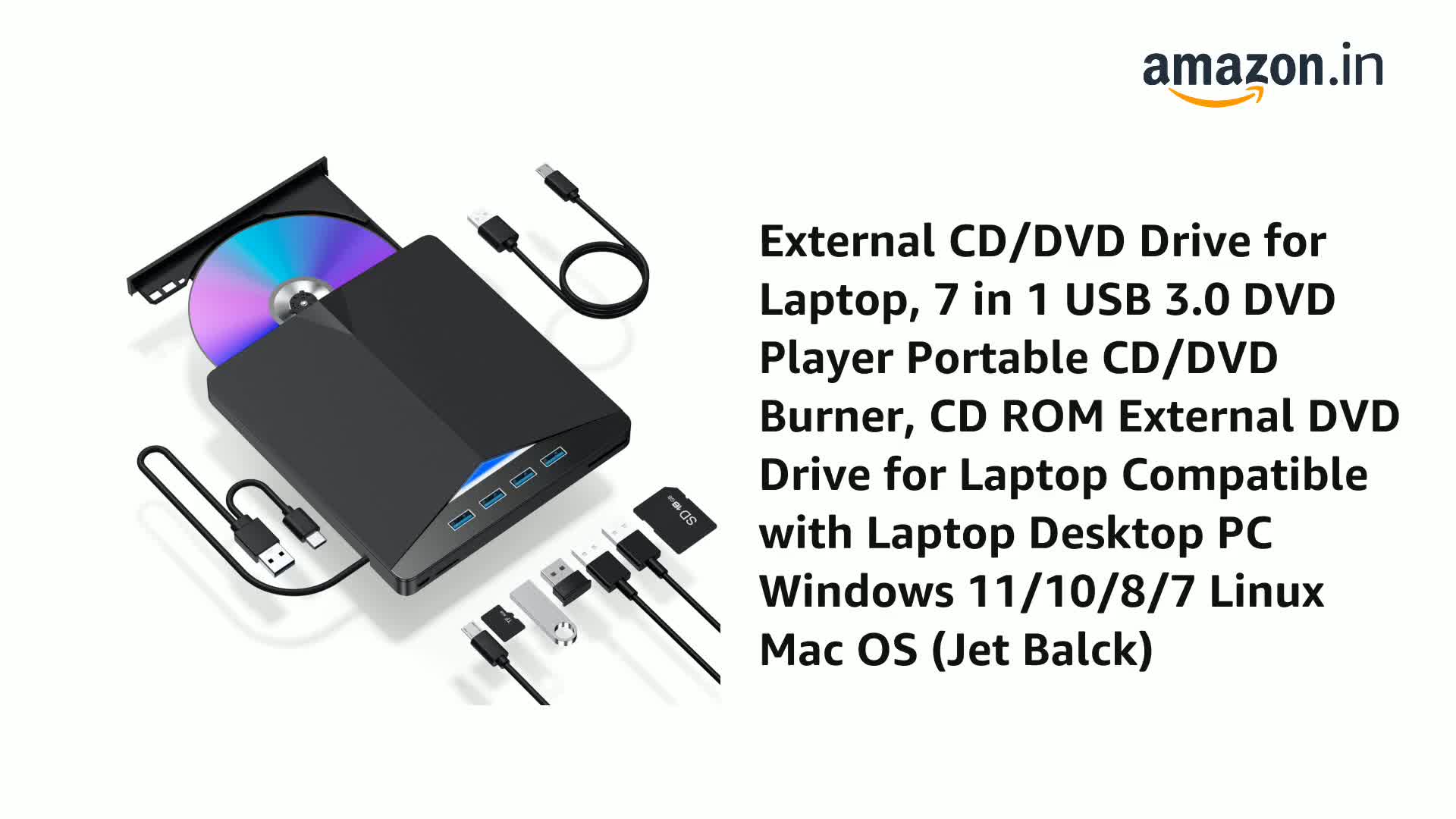 7 in 1 USB 3.0 External CD/DVD Drive for Laptop