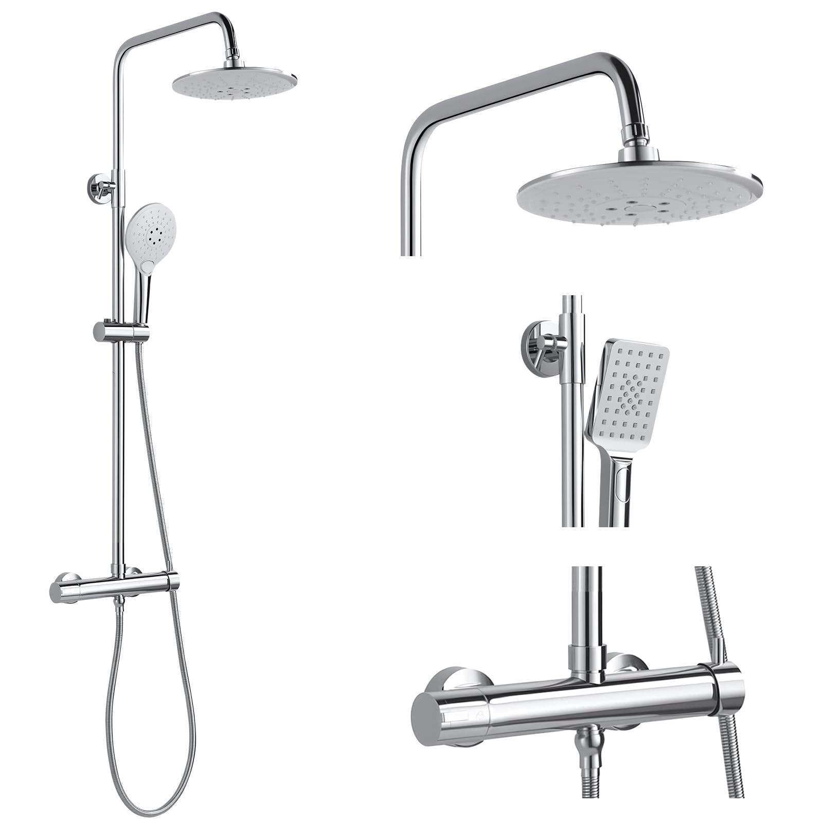 Duschsystem mit Armatur Chrom Runden Duschset ohne Thermostat aus Messing | Duscharmatur Komplettset Höhenverstellbar 80-117cm, Duschamaturenset mit 22 cm Regendusche, 3 Strahlarten Handbrause, 150mm