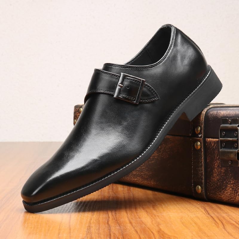 Image of Men's Leather Square Toe Monk Strap Loafers,Classic Slip on Dress Shoes,Low Top Formal Business Oxford Shoes