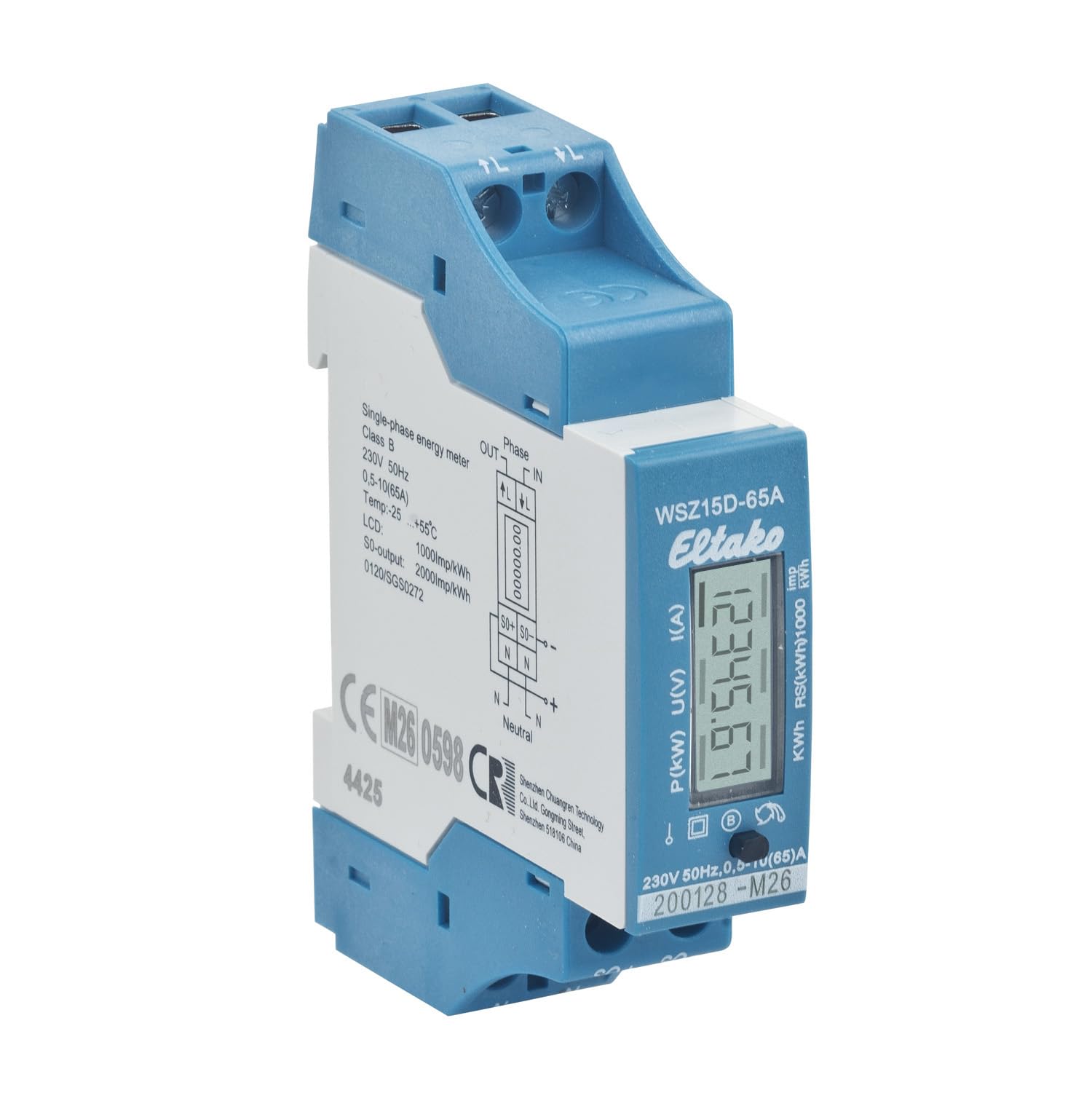 ELTAKO WSZ15D-65A MID elektronischer Wechselstromzähler 1x65A für Hutschiene Direktmessung | MID geeicht mit S0-Schnittstelle | Art. 28065615