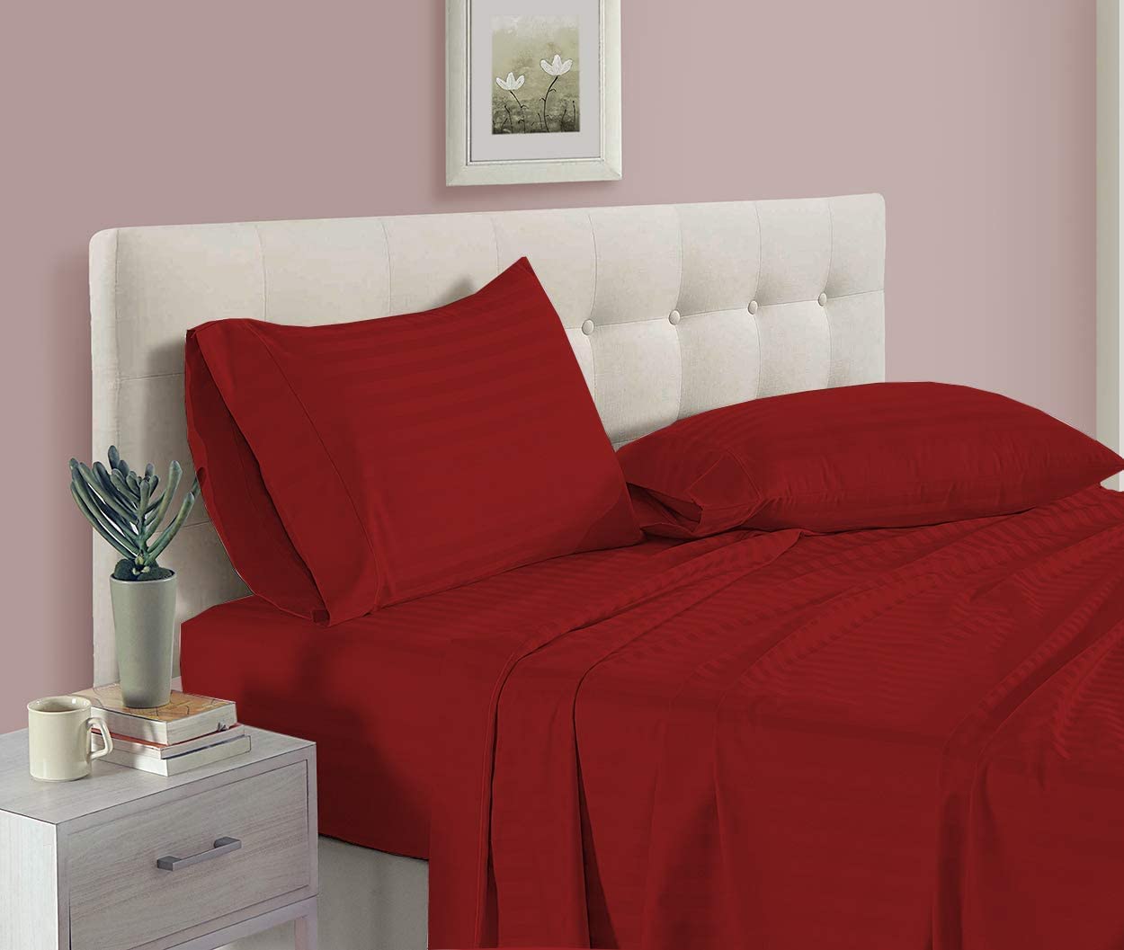 LUXURIOUS BEDDING 800-Thread-Count Egyptian Cotton Wrinkle Resistant 25" Deep Pocket 4 PC Sheet Set (1 Fitted + 1 Flat + 2 Pillow Cases) King Size Burgundy Striped