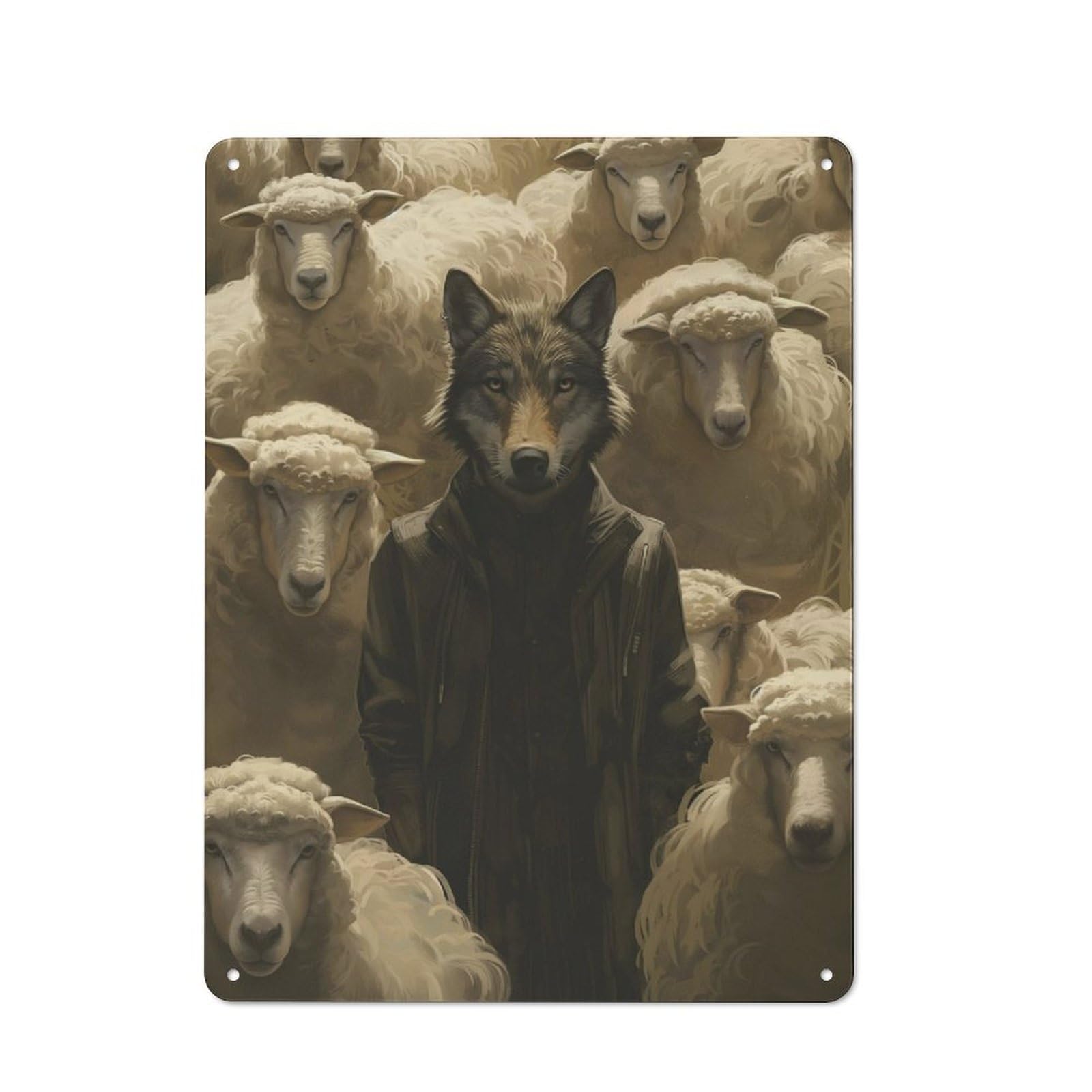 Junmoney Dressed Wolf Sheep Leader Rustic Tin Wall Plaque 40X30cm For Studio Or Craft Room, For Garage, Workshop And Man Cave Decoration
