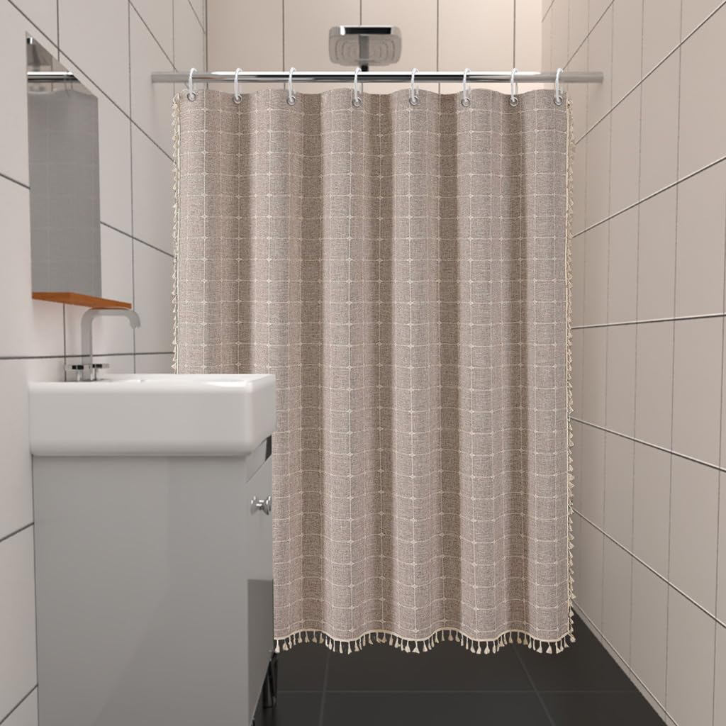 ggaimwf Farmhouse Brown Shower Curtain Bohemian Shower Curtain for Bathroom Rustic Polyester Linen Fabric Thick Bathroom Curtain Set including Tassels 72x72 Inch - Image 2