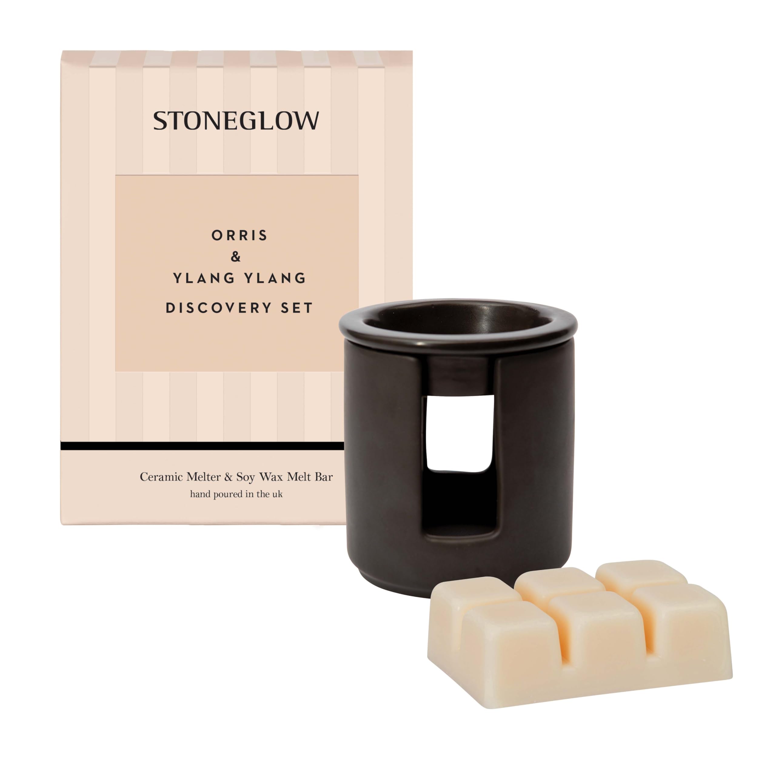 Stoneglow Modern Classics Collection - Orris & Ylang Ylang - Ceramic Black Wax Melter & Soy Wax Melt Bar Discovery Set - Peach