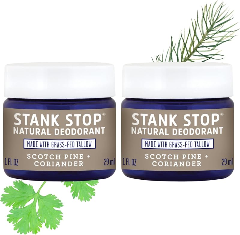 Stank Stop All Natural Deodorant Cream in a Jar with Tallow and Organic Coconut Oil – Scotch Pine + Coriander 2-Pack (1 oz)