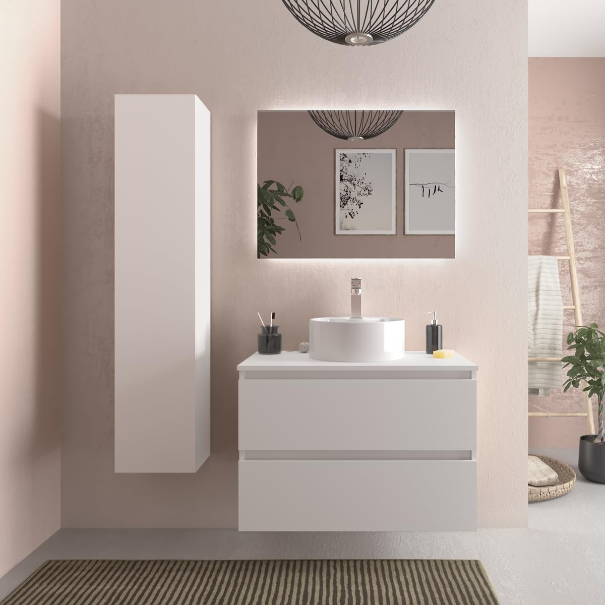 Mueble de baño Bequia 80 cm con Lavabo 100% montado de fábrica | Acabado Blanco Mate suspendido 2 cajones Cierre amortiguado Apertura con uñero | Lavabo sobre encimera | Marca Salgar