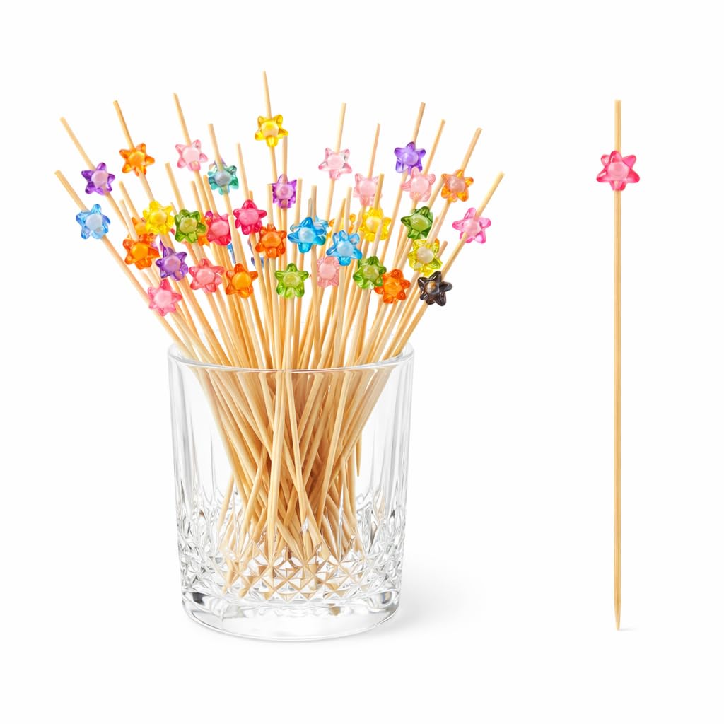 RIANZ® Pack of 100 Star Cocktail Picks Wooden Toothpicks Appetizer Bamboo Stick Fruit Forks for Valentine's Day Wedding Baby Shower Party Decorations Supplies (Multicolor)-image-41