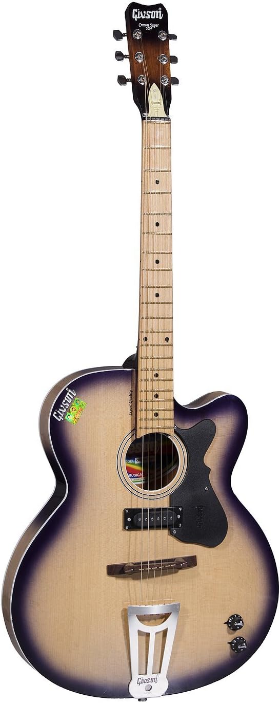 Givson Crown Super 2007, 6-Strings, Semi-Electric Guitar, Right Handed, Natural with Blue Border, With Guitar Cover/Bag