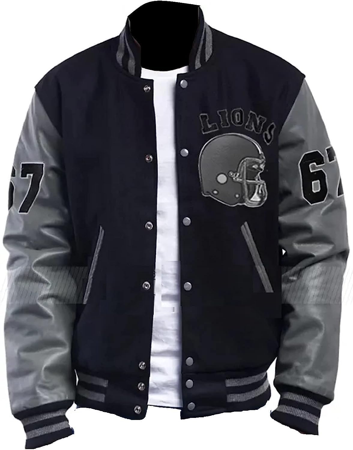 Suiting Style Mens Tom Hardy Venom 2 Detroit Lions Varsity Wool and Leather Jacket, Black, M