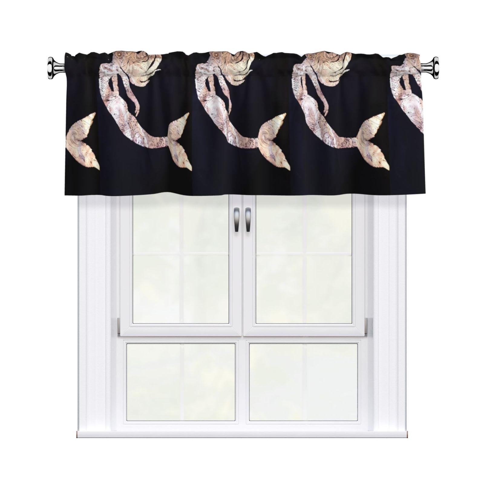 WHJDPP Black Mermaid Prints Curtain Valance 54x18 Inch - Peach Skin Window Cover with Printed Design, Filtering Light for Kitchen Decor