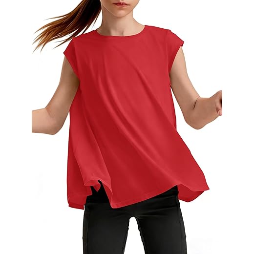 Haloumoning Girls Cap Sleeve Athletic Shirts Kids Summer Crewneck Oversized Workout Tops Gym Yoga Tees 5-14 Years