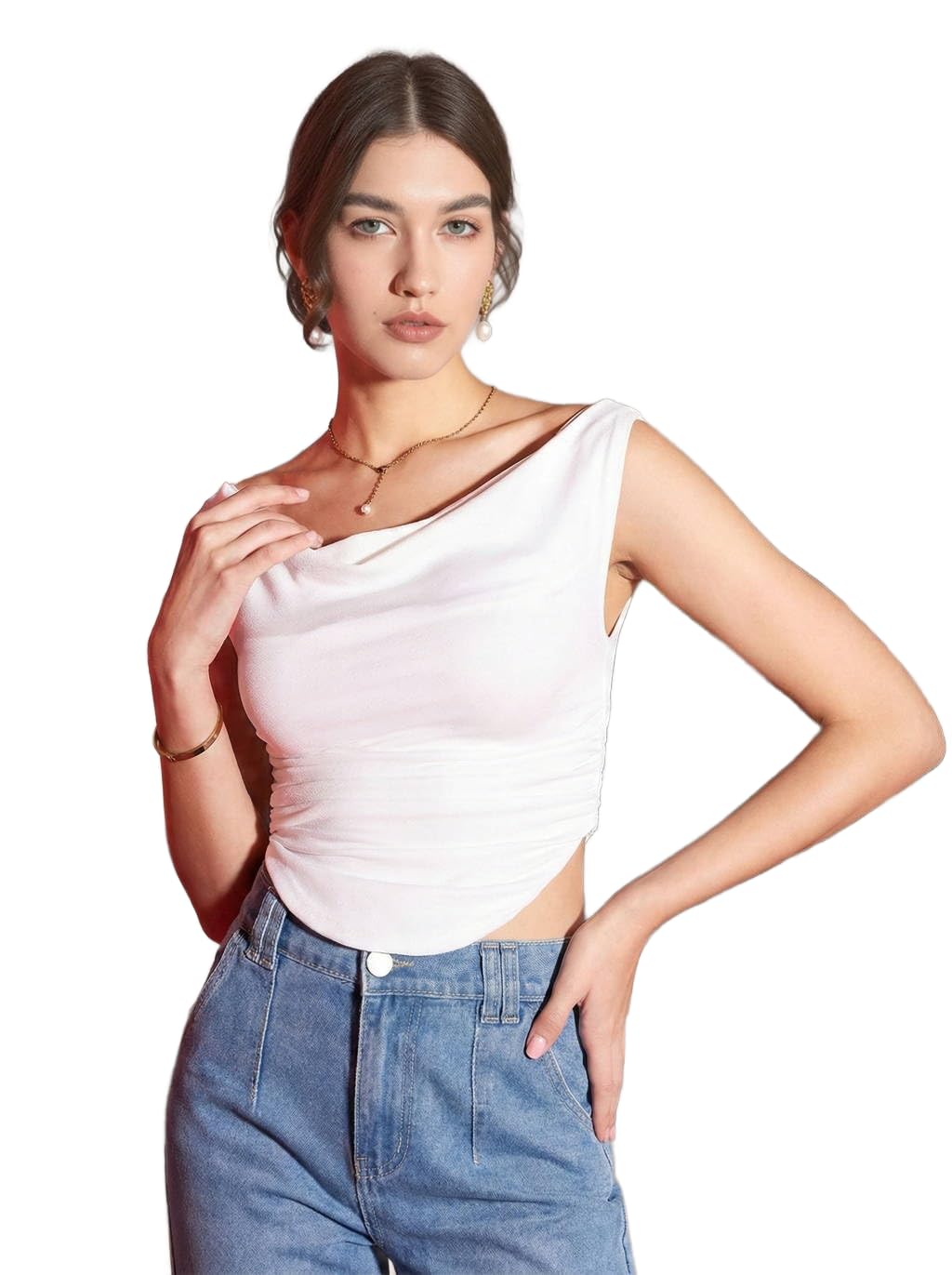 istyle can Women’s Solid Stretchable Draped Crop Top | Asymmetric Hem | Cowl Neck | Sleeveless Off-Shoulder/One-Shoulder Top | Stylish Party & Casual Wear-picture-33