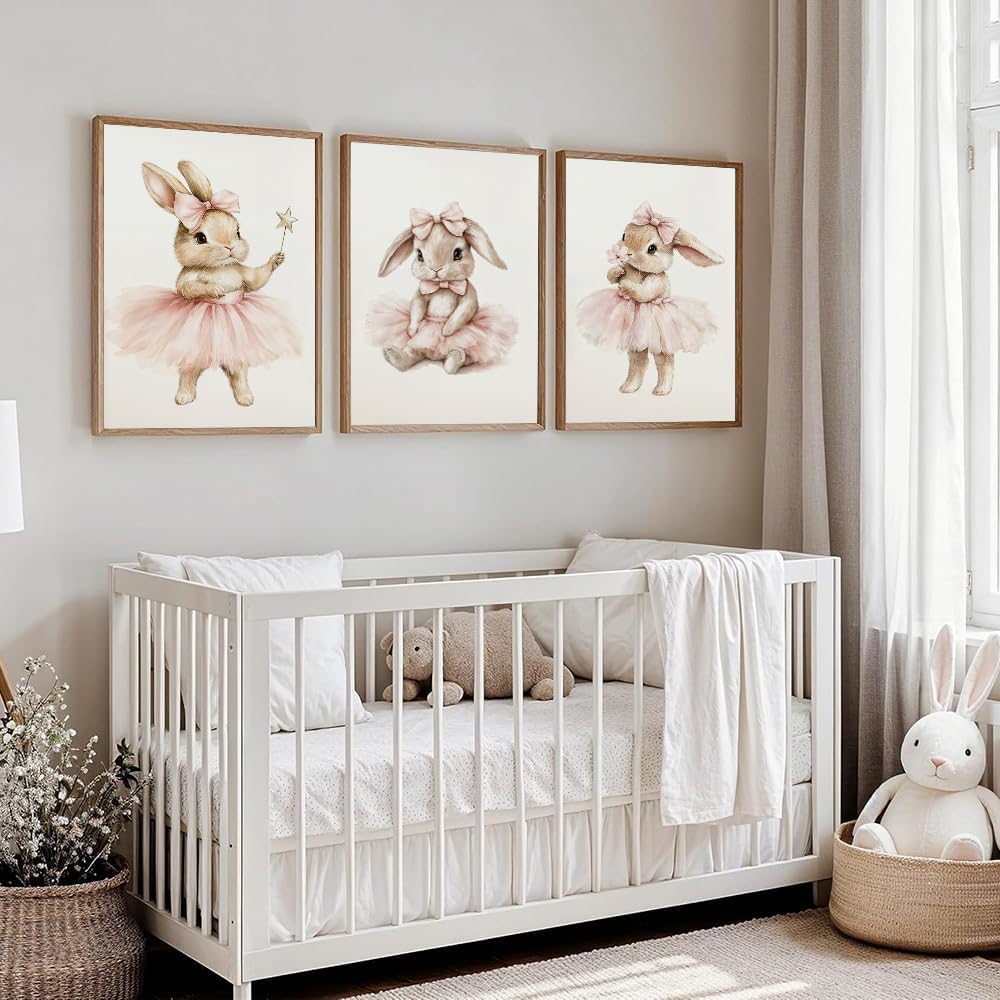 BeiYiHo 3 Tableau Lapin Chambre Fille Affiche Lapin Chambre Bebe 30x40cm Poster Chambre Ado Fille Boho Deco Chambre Enfant Bebe Rose Poudré Cadeau Toile SANS CADRE (BYCH082-30x40)