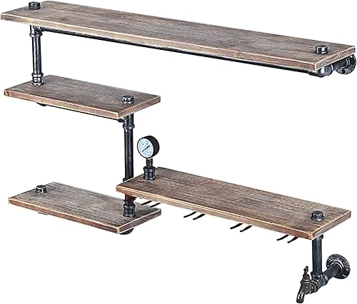 Miniatura 7 de Estante de vino de montaje en pared, estante industrial para vino con soporte de vidrio de 4 vástagos, estantes de bar, estante de tubo flotante