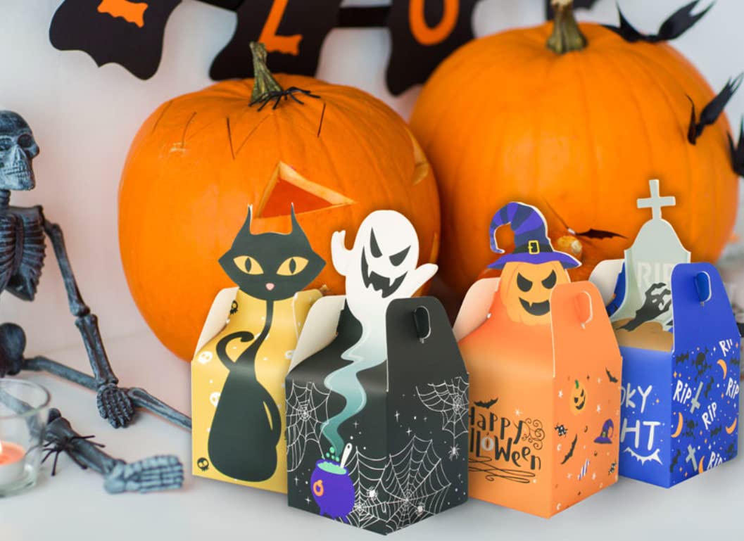 12 Cajas De Papel Para Dulces De Halloween | 4 Diseños (Fantasma, Gato, Calabaza, Cementerio) | Tamaño 8x8x8 Cm