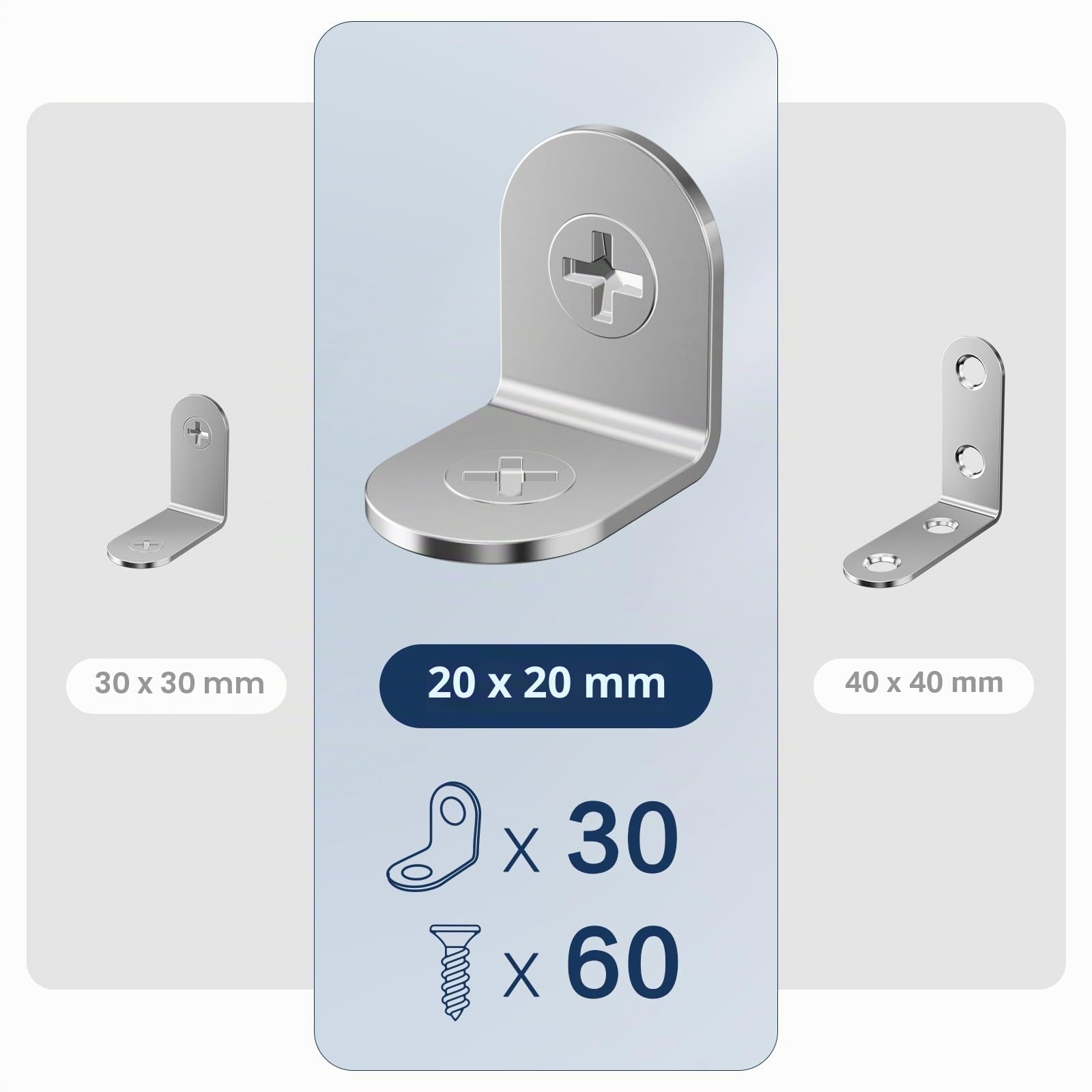 Squadrette Angolari, 30 Pezzi 20 x 20 mm Staffe Angolari inox, Staffe Angolari Per Legno 90 Gradi, Staffe A L per Mobili, Scaffali, Tavoli, Rinforzo Resistente per Mensole e Ripiani Argento