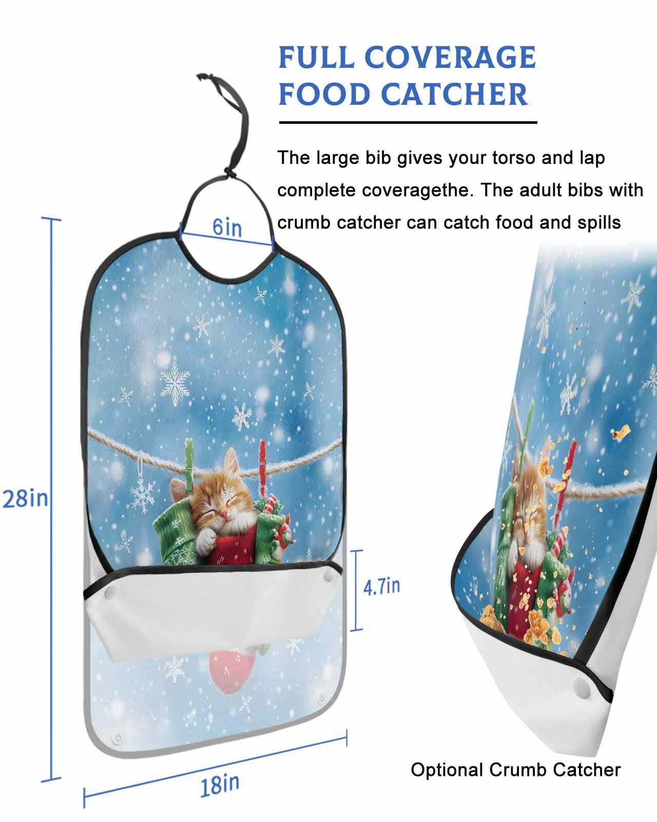 Onekaccu Christmas Adult Bibs for Elderly Women Men Washable Bibs for Eating, Cute Cat White Winter Snowflake Gradient Blue Waterproof Clothing Protectors Adult Bibs with Crumb Catcher