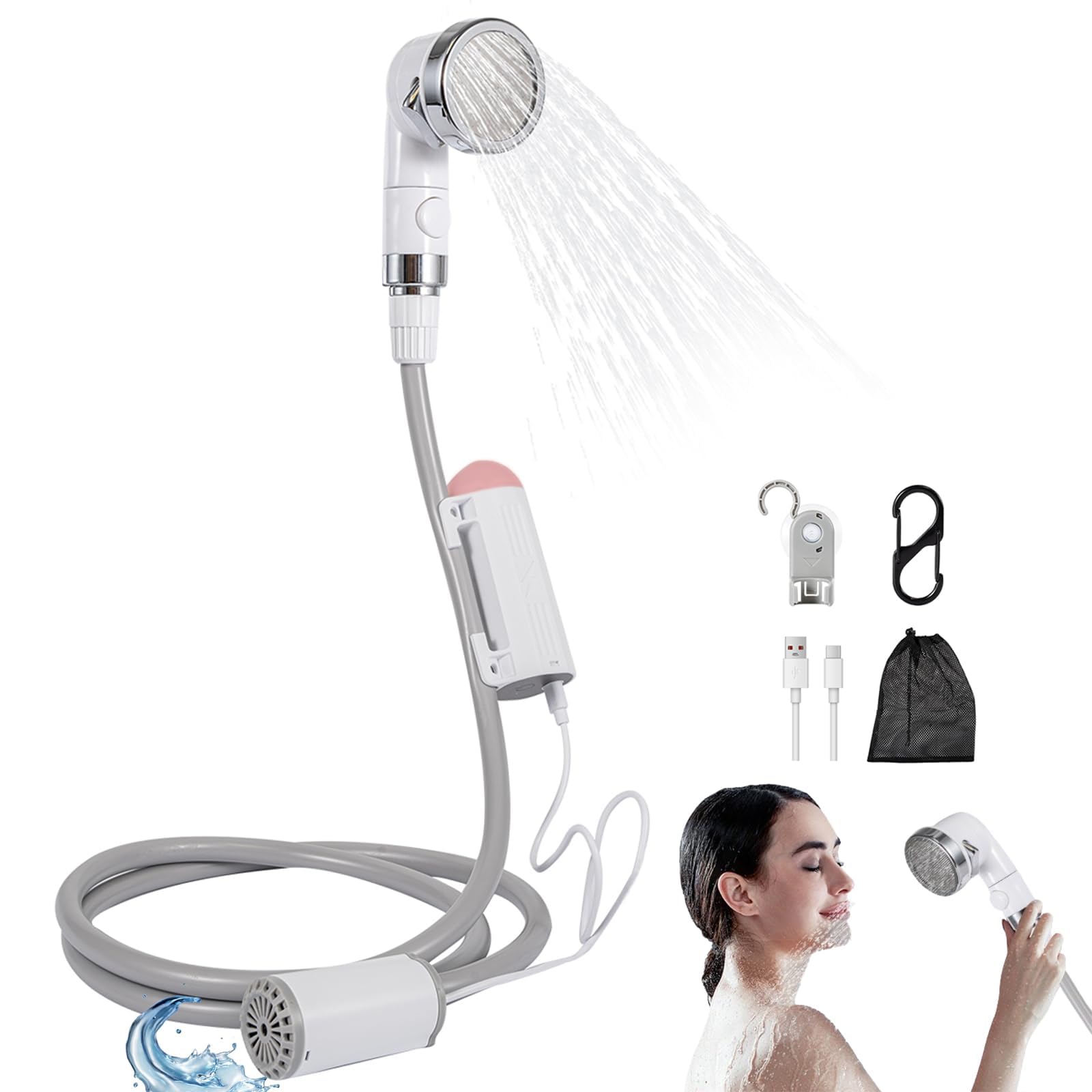 Douche de camping, pompe de douche portable alimentée par batterie rechargeable avec lumière LED, douche portable pour camping, randonnée, voyage et plage