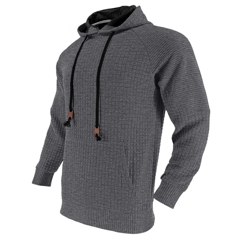 Mens Pullover Casaul Long Sleeve Hoodies Drawstring Waffle Knit Hooded Sweatshirt Slim Fit Lightweight Comfy Shirts Classic Solid Color Trendy Outfits Dark Grey XL2