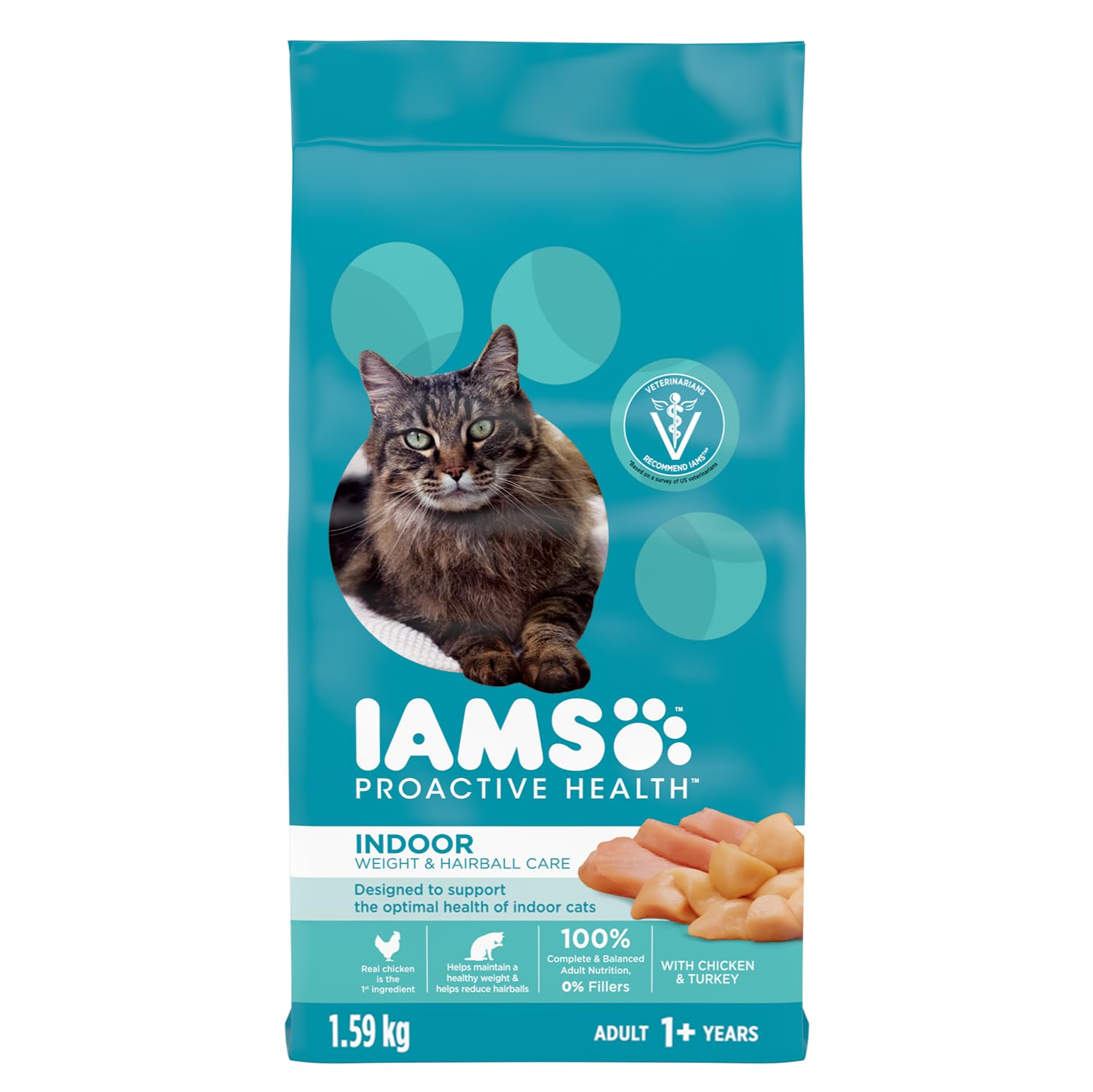 IAMS Proactive Health Indoor Weight & Hairball Care Adult Dry Cat Food – Chicken & Turkey - 1.59KG (3.5LB) Bag image 4