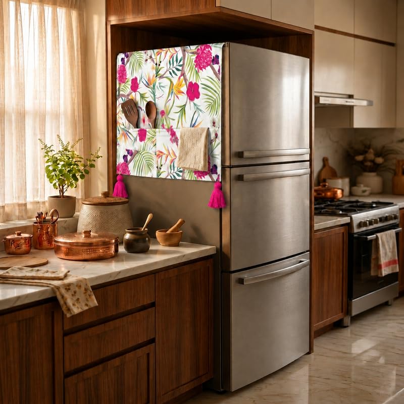 Image of WWW.THROWPILLOW.IN Fridge Top Cover for Triple Door 100-250L | Dustproof Refrigerator Cover | Corner Tassels Without Side Pockets | Floral Print | Triple Door Fridge Cover Top Mat