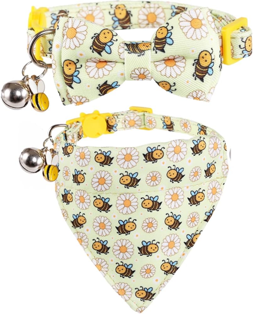 Cat Collar Breakaway with Cute Bow Tie Bandana and Bell Accessories Bee