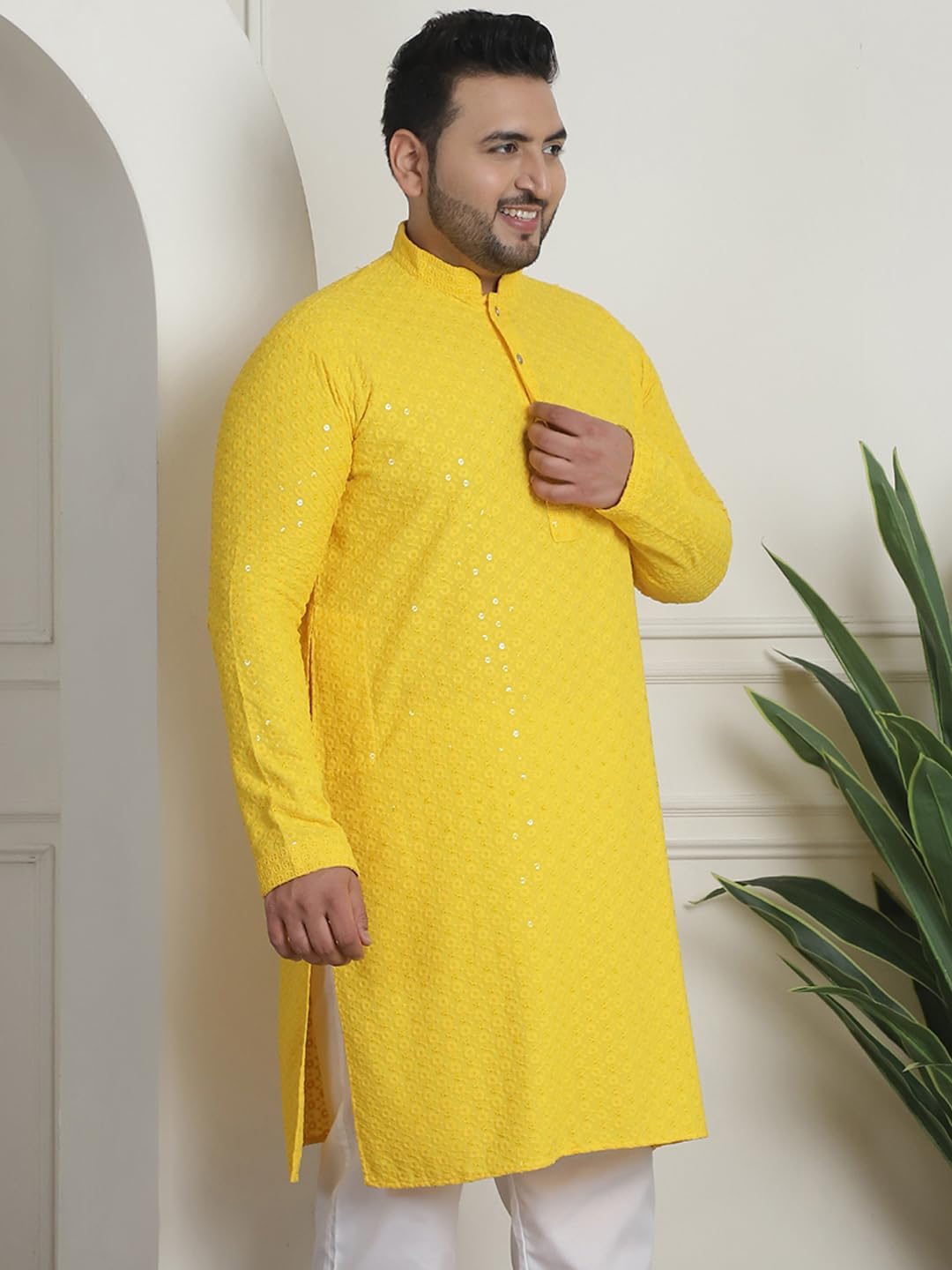 Sojanya PLUS (Since 1958) Men's Cotton Sequinned Embroidered Long Kurta