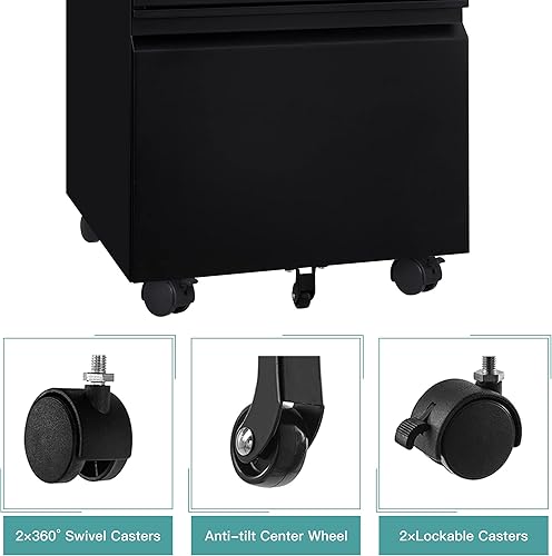 Vista 6 de MIIIKO Archivador de 3 cajones, archivador de metal con ruedas enrollables de bloqueo, almacenamiento de oficina debajo del escritorio, cajones Negro